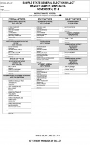 This sample ballot shows party affiliation for federal and state candidates, but no party for county positions.